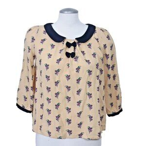 Etam Paris Weekend Blouse Womens US 8 Yellow Floral Peter Pan Collar Euro 38